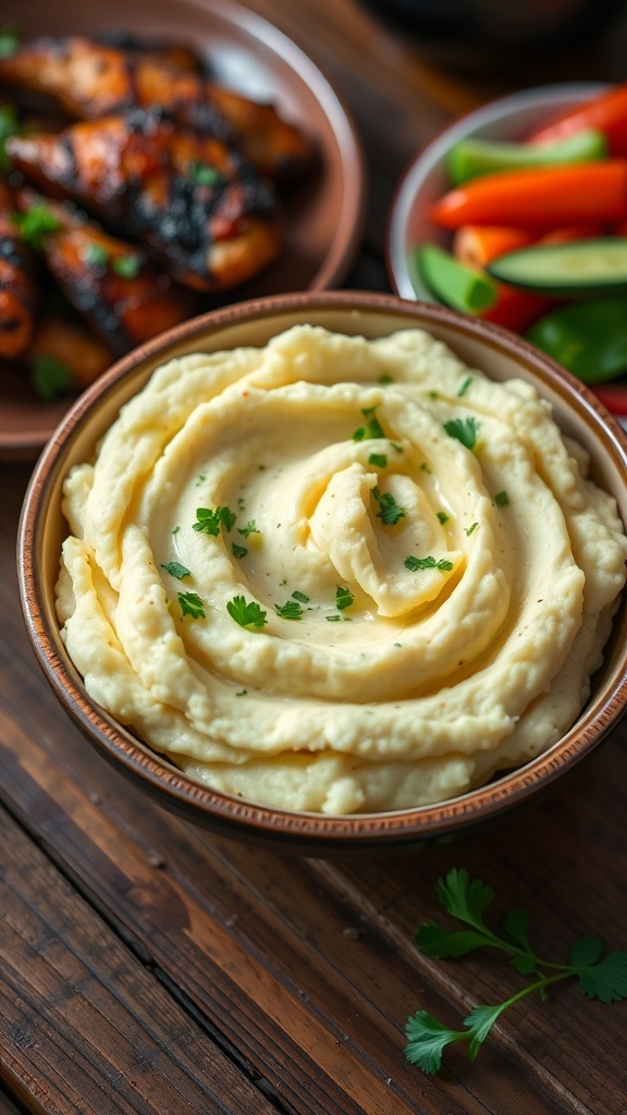 Creamy mashed yuca served in a bowl, garnished with herbs, alongside grilled chicken and vegetables.